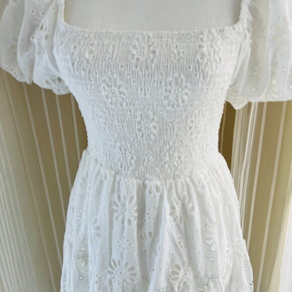 Women White Embroidery Hollow Out Hole Flower Short Puff Sleeve Mini Dress - Picture 9 of 16